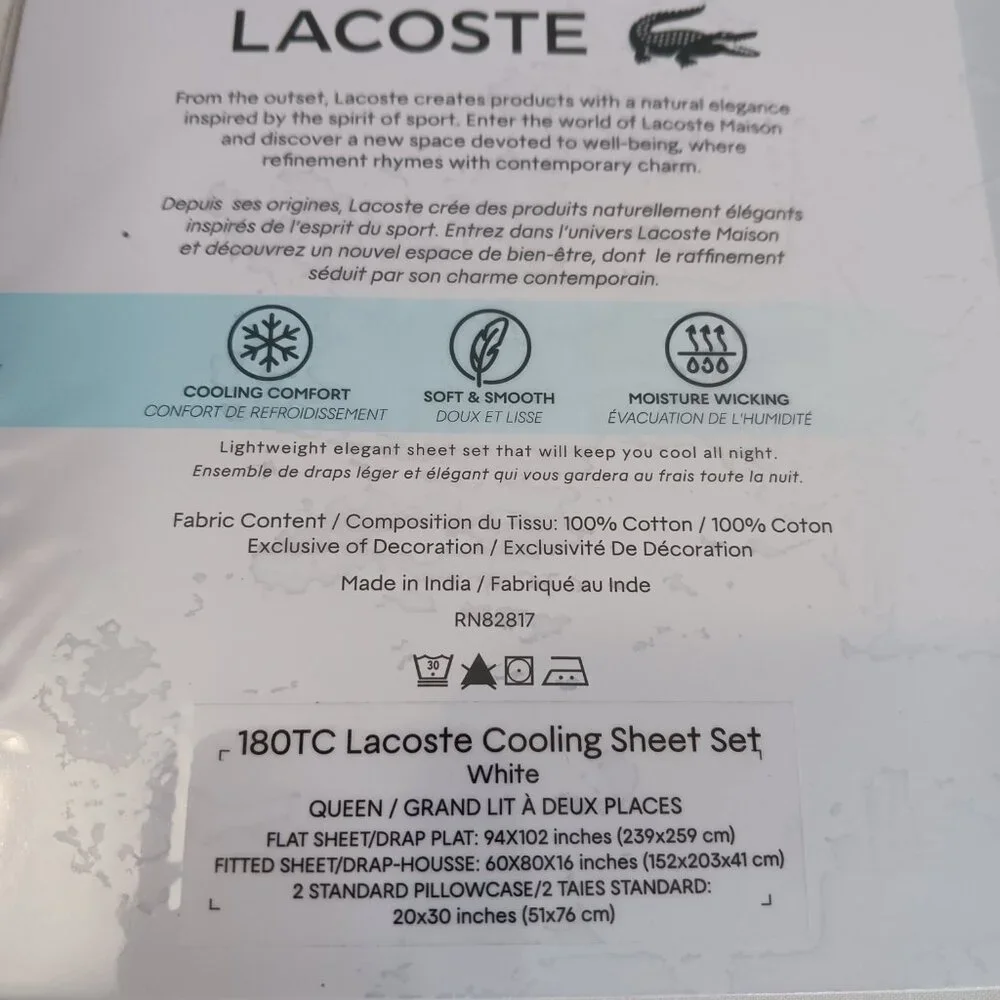 Lacoste Sheet Set White 4pcs Cooling Solid 100% Cotton size Queen